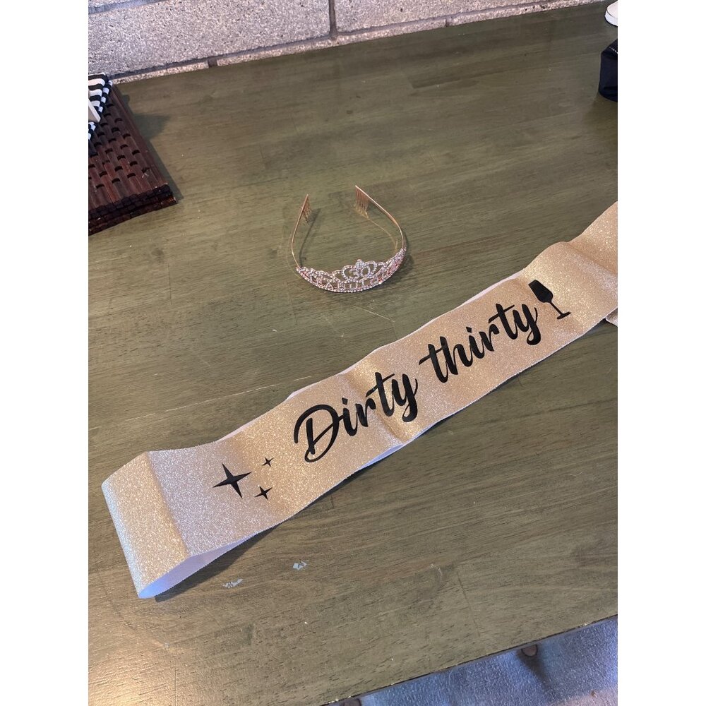 Gold Glitter "Dirty Thirty" Sash & Rose Gold Rhinestone Tiara Birthday Set